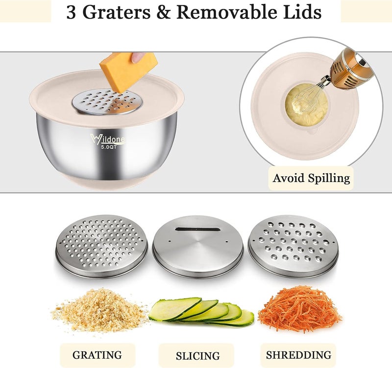 Wildone Mixing Bowls with Airtight Lids, 22 PCS Stainless Steel Nesting Bowls, with 3 Grater Attachments, Scale Marks & Non-Slip Bottom, Size 5, 4, 3, 2,1.5, 0.63QT, Ideal for Mixing & Prepping - Image 3