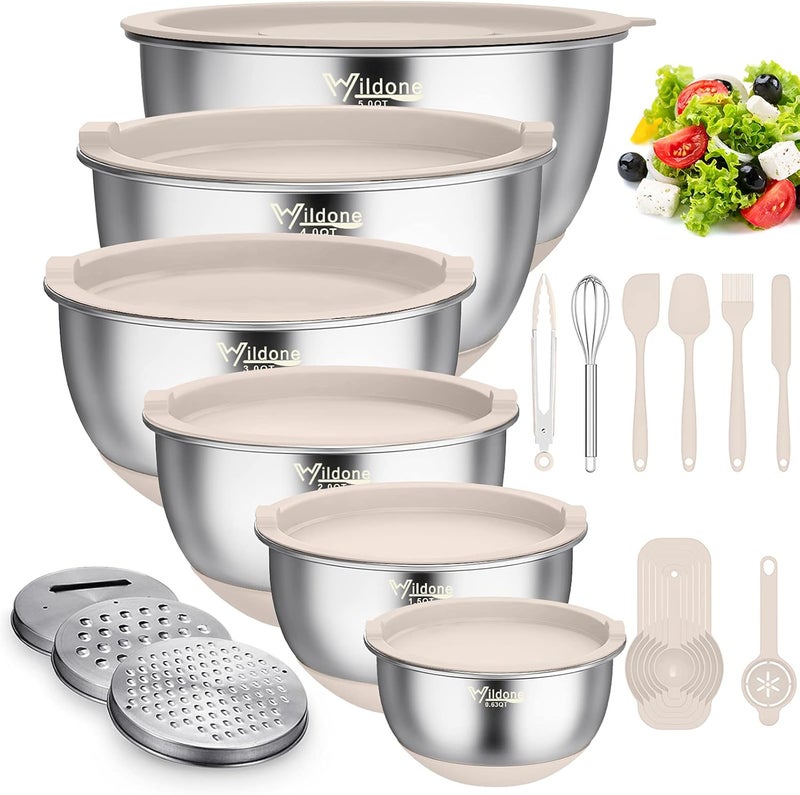 Wildone Mixing Bowls with Airtight Lids, 22 PCS Stainless Steel Nesting Bowls, with 3 Grater Attachments, Scale Marks & Non-Slip Bottom, Size 5, 4, 3, 2,1.5, 0.63QT, Ideal for Mixing & Prepping - Image 1