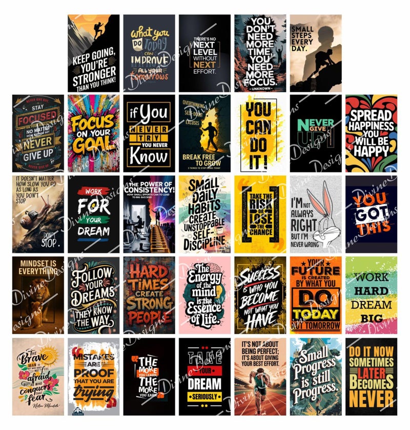 DivineDesigns 33 pcs. Motivational Wall Collage Kit Posters | Posters for Wall Decoration | Wall Art For Bedroom, Office, Living room, (6 inch X 4 inch) Set of 33 Motivational Prints - Image 1