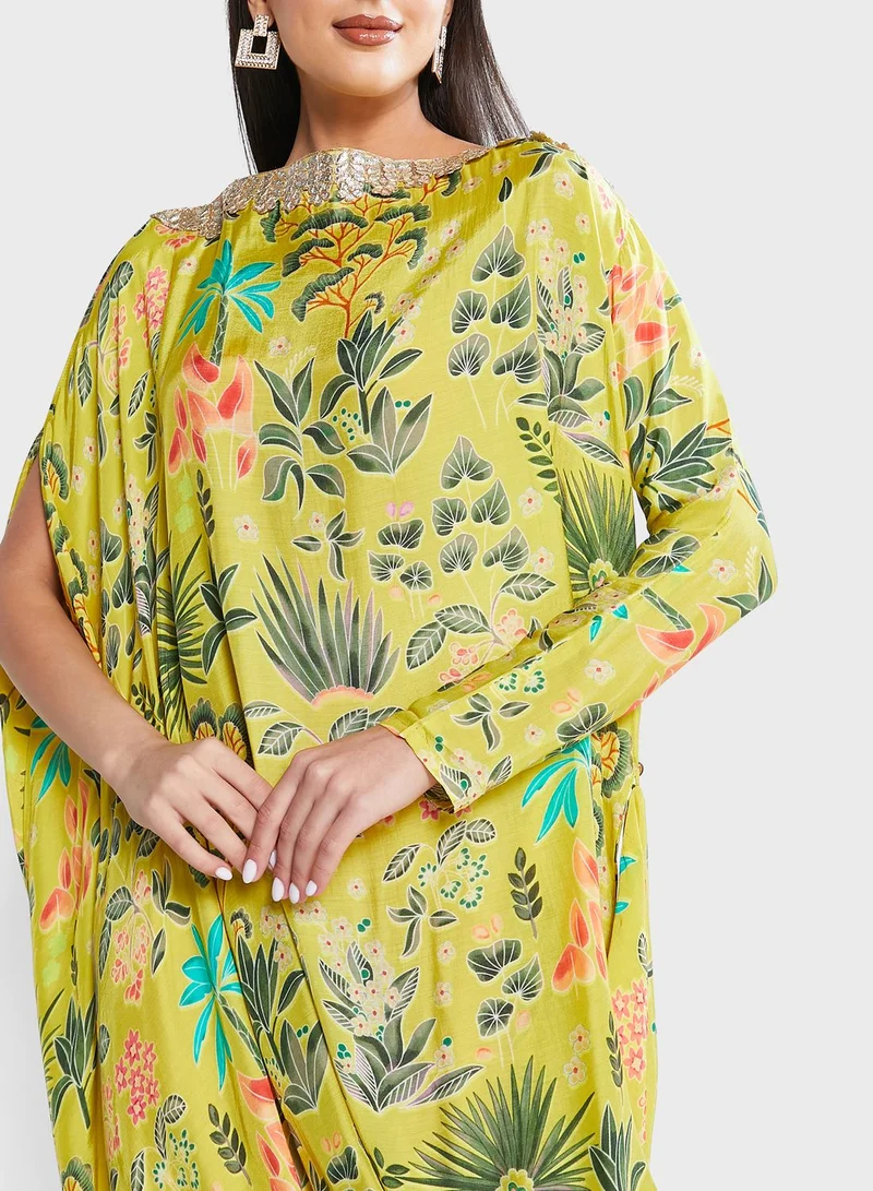 The Arab Crab Embellished Cowl Neck Floral Print Dress