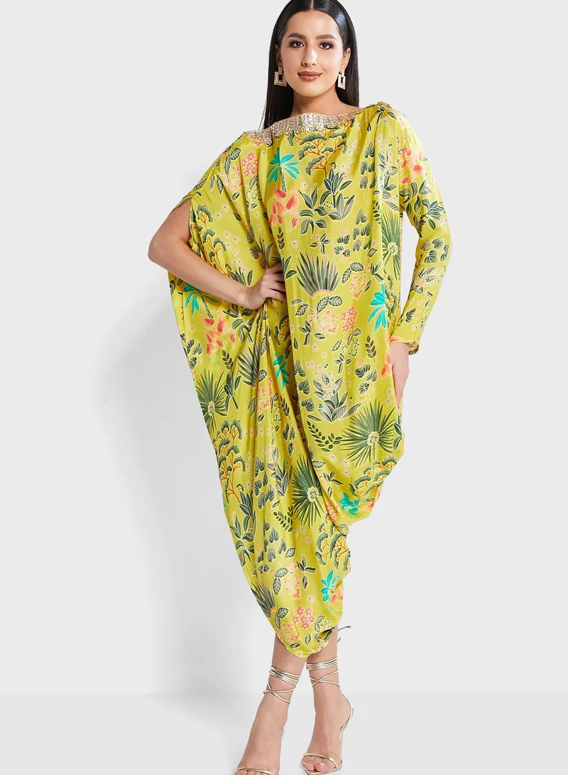 The Arab Crab Embellished Cowl Neck Floral Print Dress