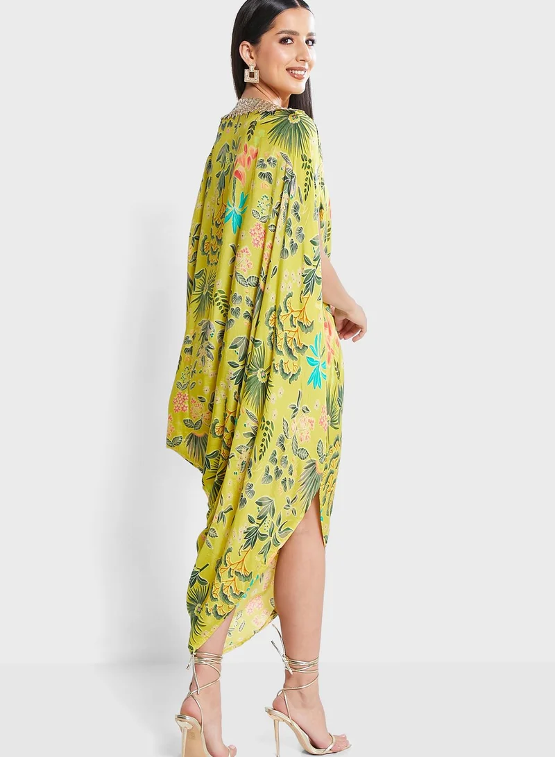 The Arab Crab Embellished Cowl Neck Floral Print Dress