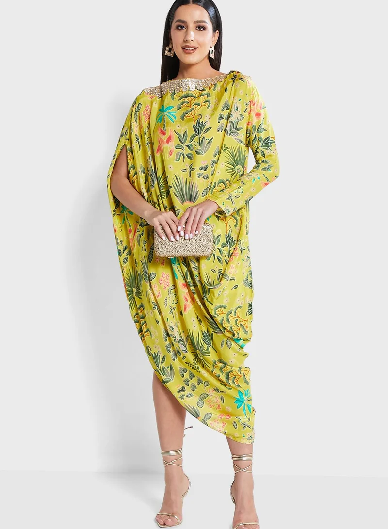 The Arab Crab Embellished Cowl Neck Floral Print Dress