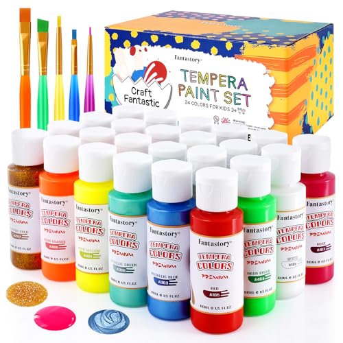 Fantastory Tempera Paint for Kids 24 Colors (2 oz Each) Washable Tempera Paint, Kids Poster Paint Sponge Painting, Non-Toxic Kids Paint Finger Paints Hand Paints Bottles Gifts - Image 1