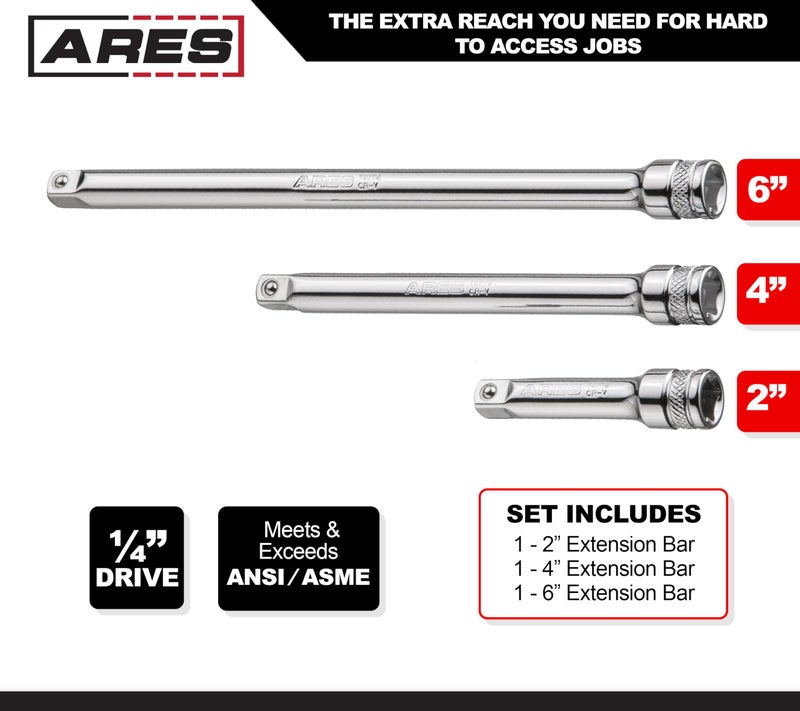 ARES ARES 70243-3-Piece 1/4-Inch Drive Socket Extension Set - Includes 2-Inch, 4-Inch and 6-Inch Extensions - Premium Chrome Vanadium Steel with Mirror Finish  - Image 2