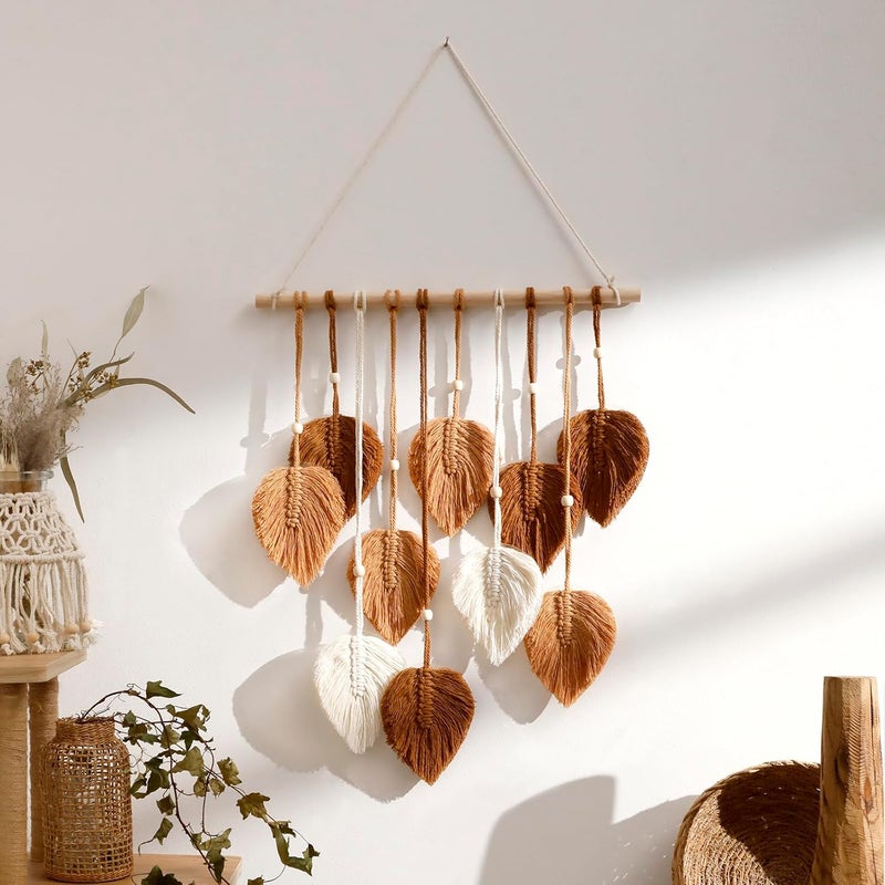 Artilady Macrame Tapestry Wall Hanging - Hand Woven Boho Tapestry Fall Leaves Wall Decor, Small Tassels Brown Yarn Hanging Ornament Decor for Bedroom Living Room Dorm - Image 1