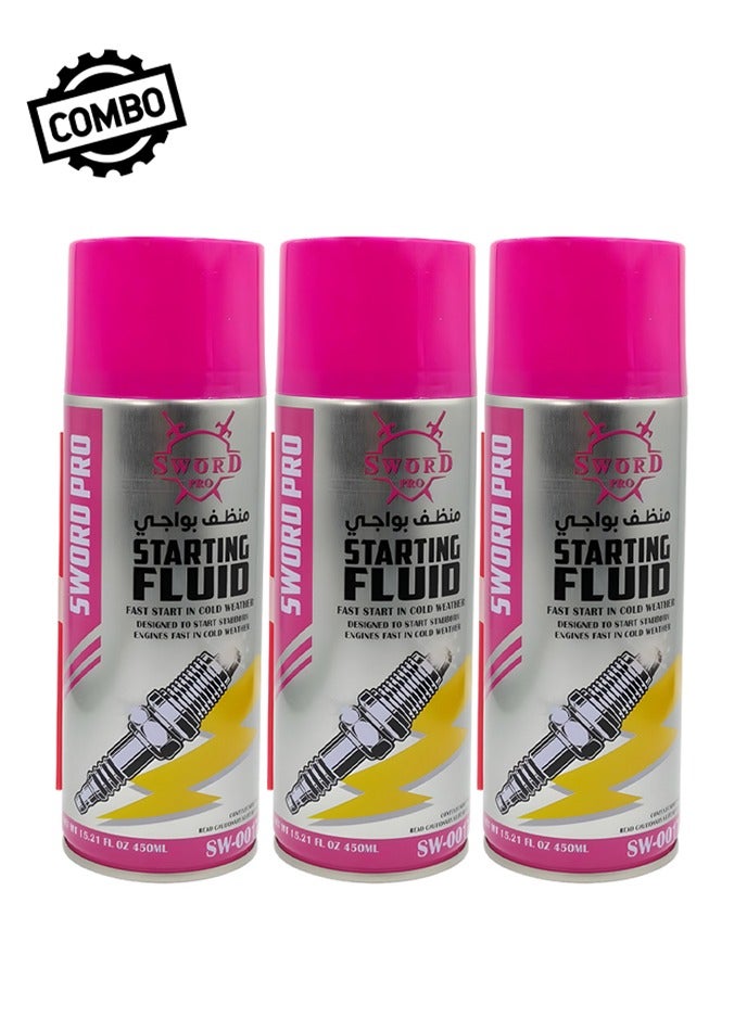 SWORD PRO Starting Fluid Combo Pack – 3 x 450ml Cans – Fast Start in Cold Weather – Engine Starting Aid for Petrol & Diesel Vehicles – Spark Plug Cleaner – Heavy Duty Formula – SW-001 - Image 1