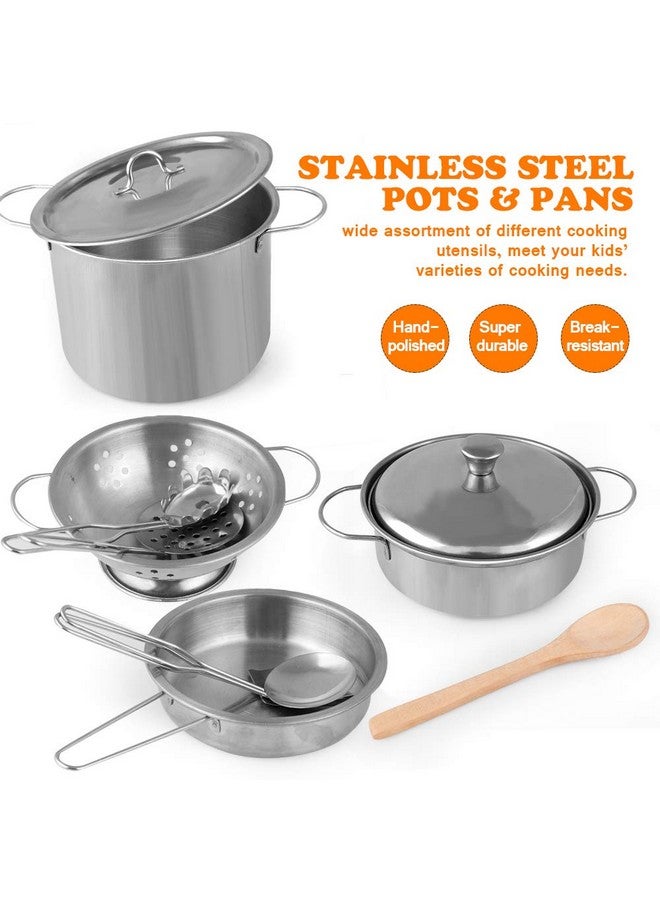 D-FantiX Play Kitchen Accessories Kids Play Pots And Pans Playset With Mini Stainless Steel Pretend Play Cooking Toys Cookware Utensils Apron And Chef Hat Cutting Food For Toddler Boys Girls - Image 3