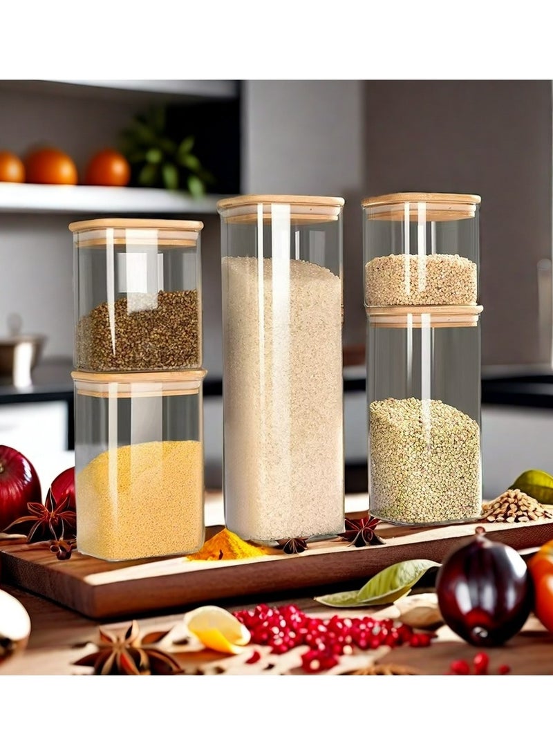 دامال 5 قطع جرة تخزين زجاجية مربعة ، جرة تخزين شاي حلوى حبوب القهوة مع جرة زجاجية بغطاء خشبي - Image 1