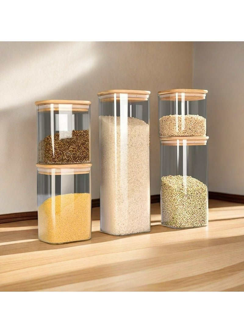 دامال 5 قطع جرة تخزين زجاجية مربعة ، جرة تخزين شاي حلوى حبوب القهوة مع جرة زجاجية بغطاء خشبي - Image 2