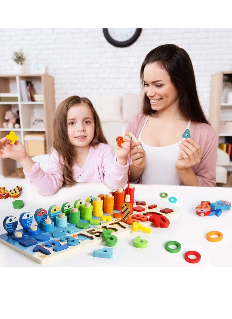 Wooden Number Puzzle Sorting Montessori Toy for Toddlers , Shape Puzzle Matching Counting Fishing Game for Ages 2 3 4 5 Years Kids, Math Stacking Preschool Educational Learning Activities Toy