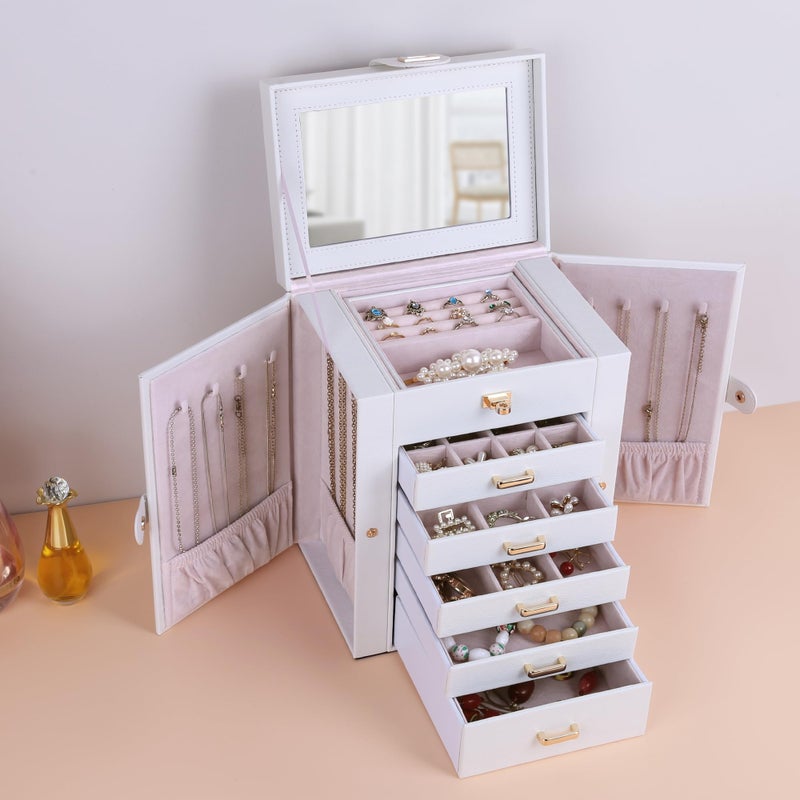Kendal Jewelry Box, 6-Layer Jewelry Storage Organizer for Necklace Bracelet Rings Watch, 10.2"x8.2"x6" Classic PU Leather 5 Drawers Large Storage Capacity with Mirror - Image 5