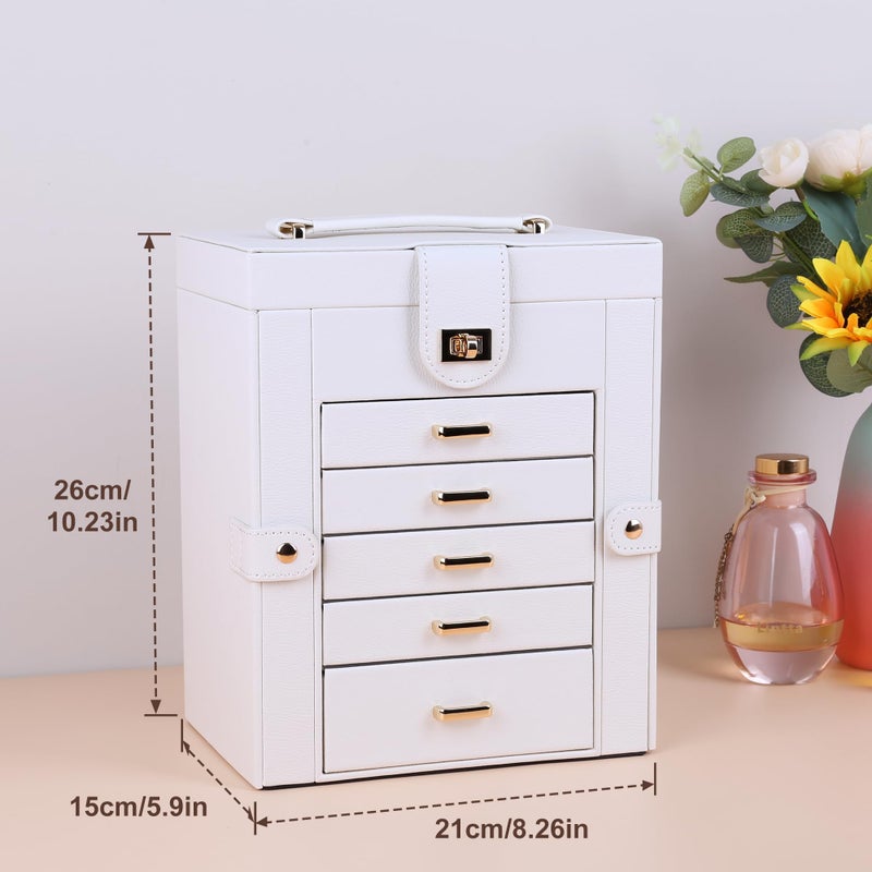 Kendal Jewelry Box, 6-Layer Jewelry Storage Organizer for Necklace Bracelet Rings Watch, 10.2"x8.2"x6" Classic PU Leather 5 Drawers Large Storage Capacity with Mirror - Image 2