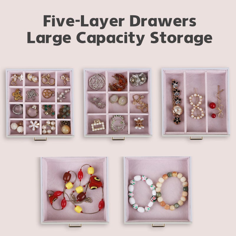 Kendal Jewelry Box, 6-Layer Jewelry Storage Organizer for Necklace Bracelet Rings Watch, 10.2"x8.2"x6" Classic PU Leather 5 Drawers Large Storage Capacity with Mirror - Image 3