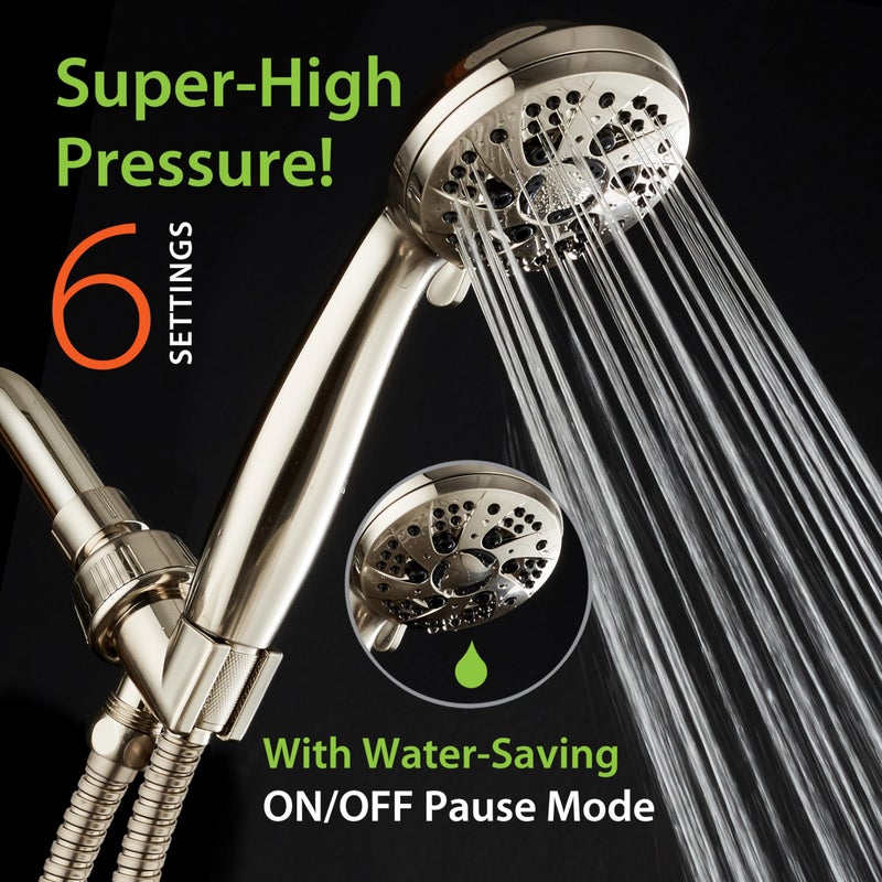 AquaDance High Pressure 6-Setting Full Brushed Nickel Handheld Shower Head with Stainless Steel Hose. Officially Independently Tested to Meet Strict US Quality & Performance Standards! - Image 2