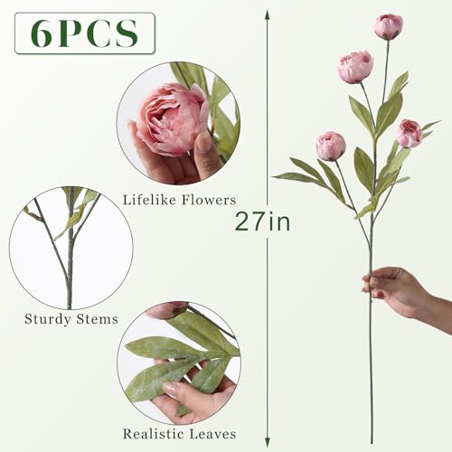 VIERENA 6 Pcs Faux Silk Peony Artificial Flowers for Vase -27", Bulk Fake Peonies Branches with Stems for DIY Bouquet Centerpieces Wedding Fillers Arrangements Shower Decorations (Blush Pink) - Image 5