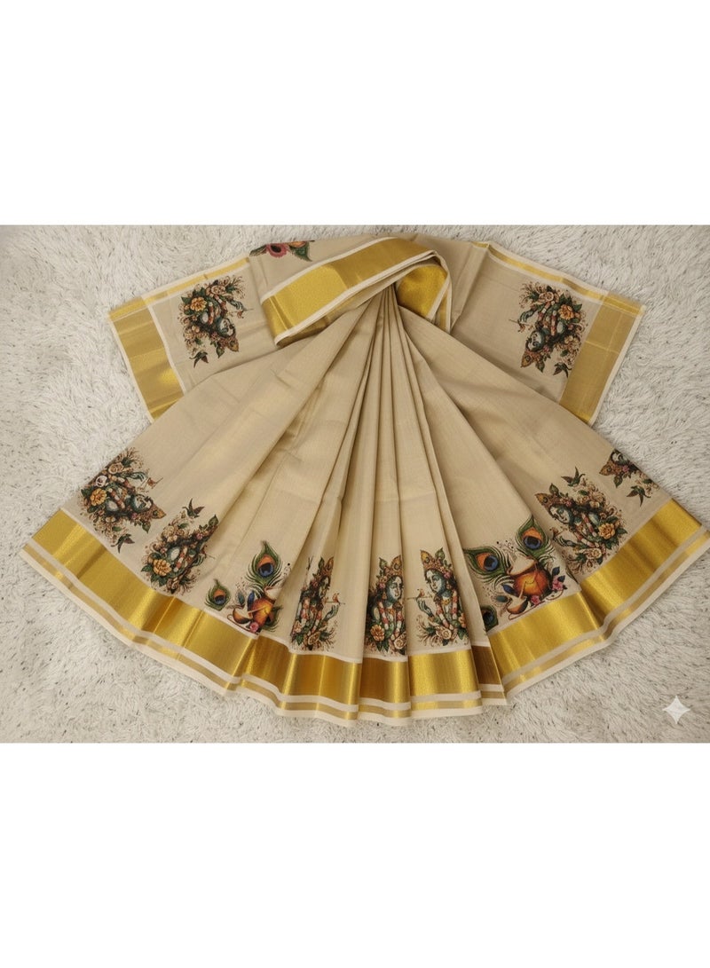 A.M Keala Kasavu saree with a golden sari border and a mural print design - Image 4