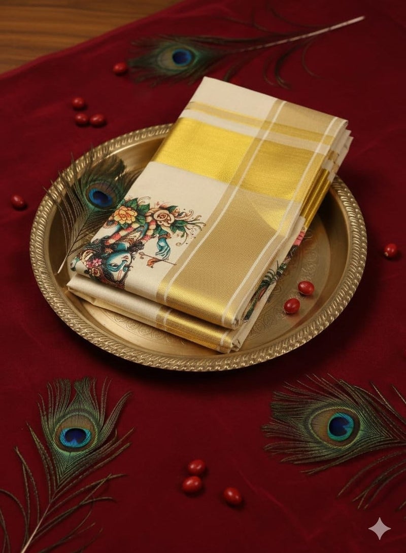 A.M Keala Kasavu saree with a golden sari border and a mural print design - Image 3