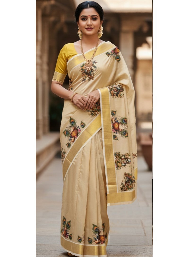 A.M Keala Kasavu saree with a golden sari border and a mural print design - Image 1