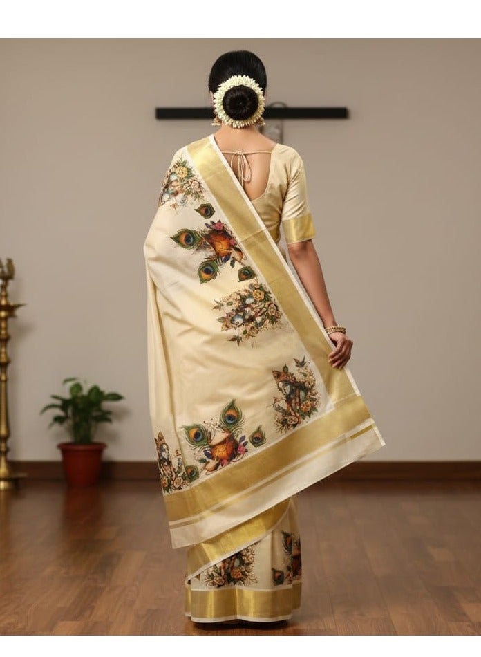 A.M Keala Kasavu saree with a golden sari border and a mural print design - Image 2