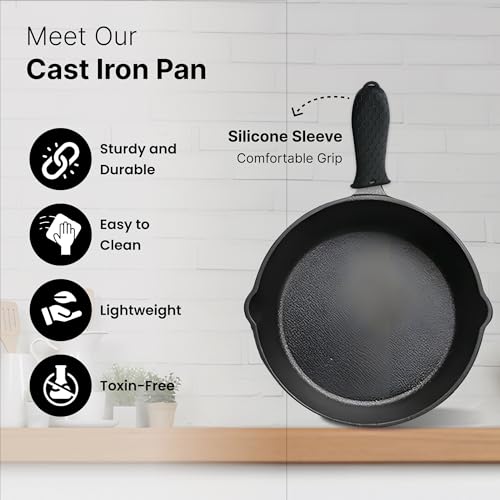 UMAI Cast Iron Cookware (3Pcs - 6inch, 8inch, 10inch) | Non Stick Pan with Silicon Sleeve | Enamel Coated Rust Proof Frying Pan | Gas Stove & Induction Pan | Cast Iron Fry Pan/Skillet | Cookware Set - Image 3