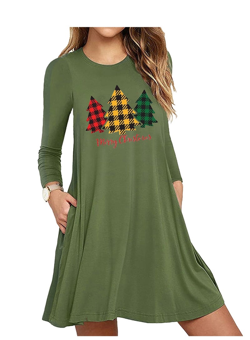 Print Long Sleeved Slim Fit A-Line Dress