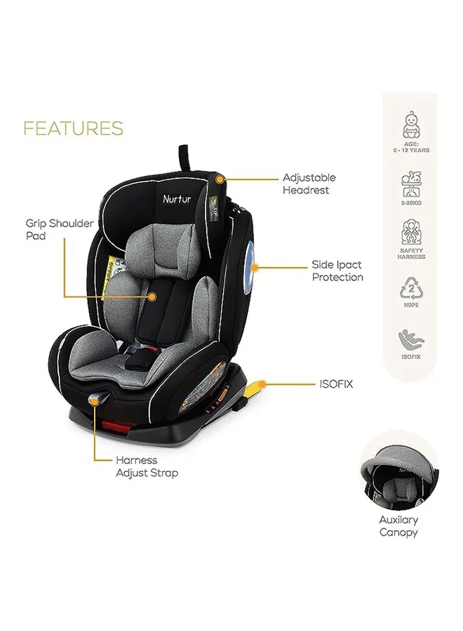 نورتر مقعد سيارة الترا للأطفال 4 في 1 - دوران 360 درجة - ISOFIX - مسند رأس قابل للتعديل 9 مستويات ومظلة - من 0 إلى 12 سنة (المجموعة 0+/1/2/3)، حتى 36 كجم - رمادي متعدد