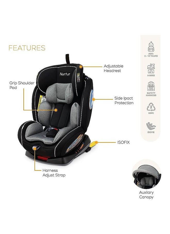 Nurtur - مقعد سيارة الترا 4 في 1 للأطفال مع دوران 360 درجة، مستوى ISOFIX 9، مسند رأس ومظلة قابلين للتعديل، من 0 إلى 12 سنة، يصل إلى 36 كجم - Image 1