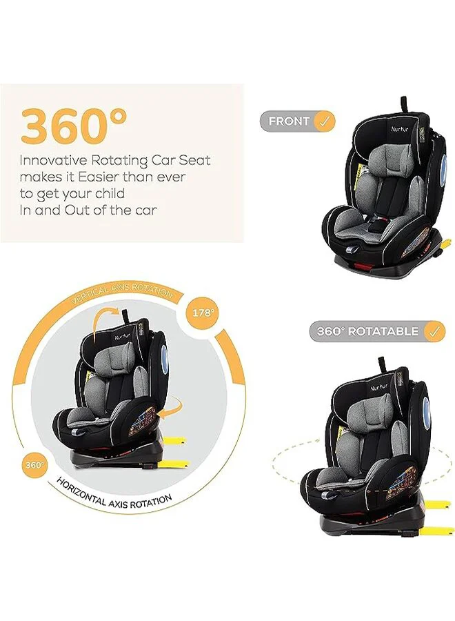 نورتر مقعد سيارة الترا للأطفال 4 في 1 - دوران 360 درجة - ISOFIX - مسند رأس قابل للتعديل 9 مستويات ومظلة - من 0 إلى 12 سنة (المجموعة 0+/1/2/3)، حتى 36 كجم - رمادي متعدد