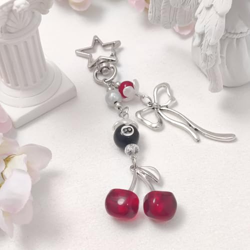 cioatu Cute Keychain Aesthetic Y2K Keychain Accessories Heart Butterfly Strawberry Bear Key Chain for Keys Bags Women Gifts (Red Cherry) - Image 3