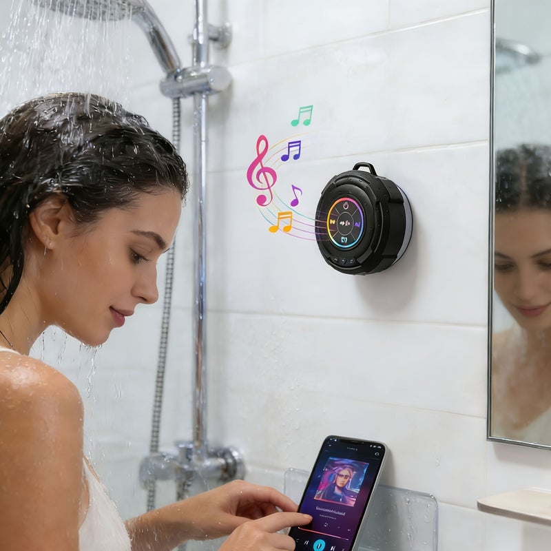مكبر صوت محمول باللون البيج لمقاومة الماء IP4 مع ضوء LED وحامل كوب شفط للرياضات الخارجية وركوب الدراجات - Image 1
