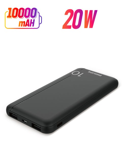10000 mAh Battery Compact And Portable Power Bank, 20W, USB-A And USB-C Ports With LED Power Indicator - Black