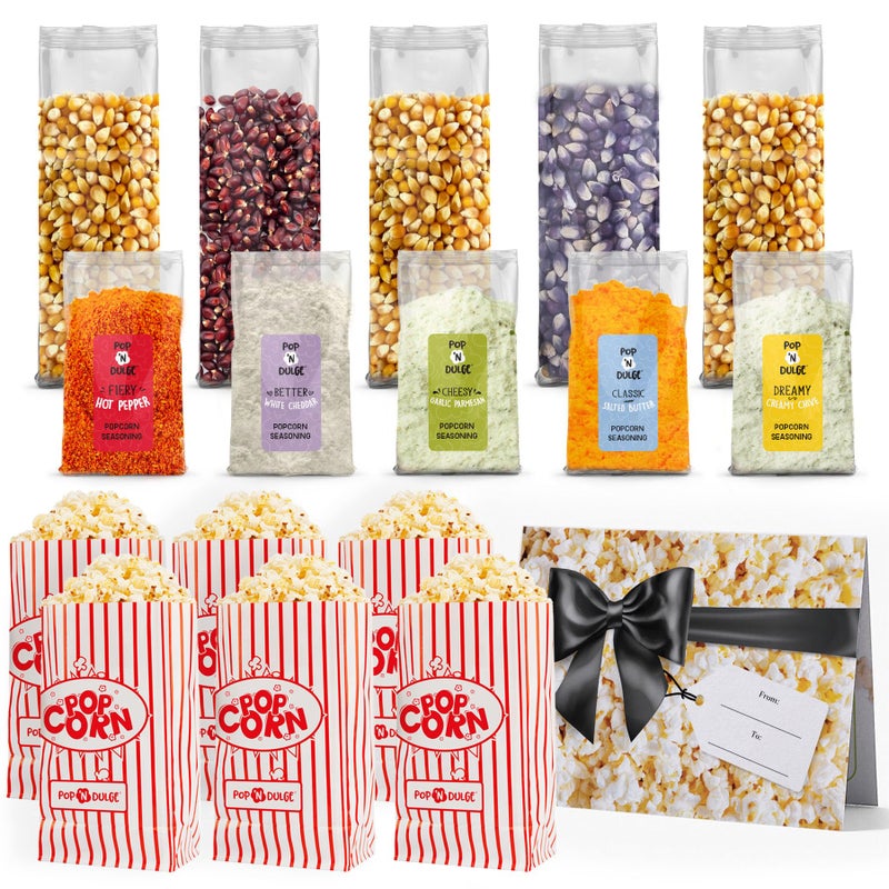 Pop n' Dulge Popcorn Movie Night Supplies 16 pcs Gift Set, 5 Gourmet Popcorn Kernels, 5 Seasoning Variety Packs Non-GMO Kosher Snacks, Great Housewarming Family Date Night Gifts Basket Ideas For Him Her - Image 4