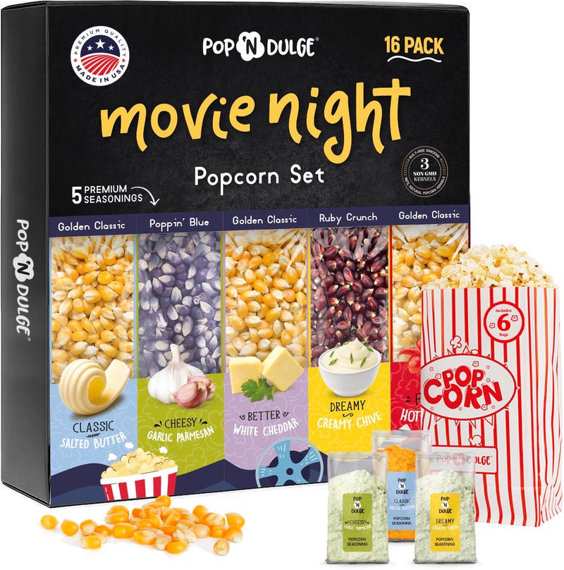 Pop n' Dulge Popcorn Movie Night Supplies 16 pcs Gift Set, 5 Gourmet Popcorn Kernels, 5 Seasoning Variety Packs Non-GMO Kosher Snacks, Great Housewarming Family Date Night Gifts Basket Ideas For Him Her - Image 1
