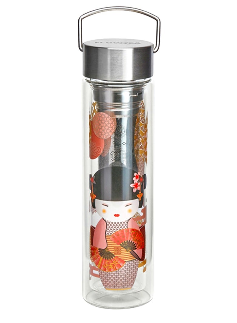 Tealand Borosilicate Flowtea New Little Geisha Pink Double Walled Glass Bottle With Lid & Filter for Hot Cold Drinks (0.44L)  - Image 1