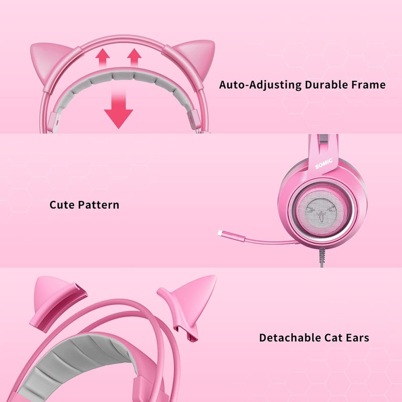 Somic G951s Pink Stereo Gaming Headset with Mic for PS4,Xbox,PC,Mobile Phone,3.5mm Noise Reduction Cat Ear Headphones Lightweight Over Ear Headphones for Girls - Image 5