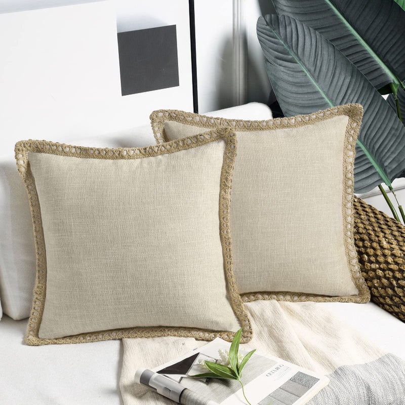 Phantoscope Pack of 2 Farmhouse Modern Fall Decorative Solid Throw Pillow Cover Burlap Linen Trimmed Tailored Edges Outdoor Pillows  Oatmeal 18 x 18 inches 45 x 45 cm - Image 1
