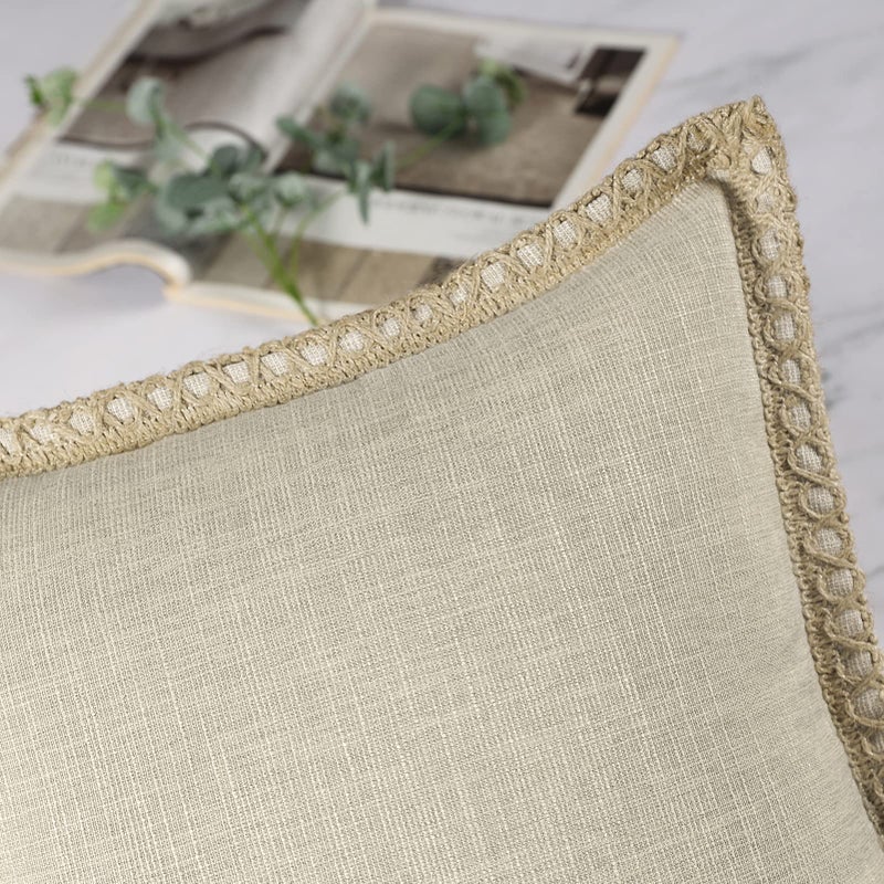 Phantoscope Pack of 2 Farmhouse Modern Fall Decorative Solid Throw Pillow Cover Burlap Linen Trimmed Tailored Edges Outdoor Pillows  Oatmeal 18 x 18 inches 45 x 45 cm - Image 2