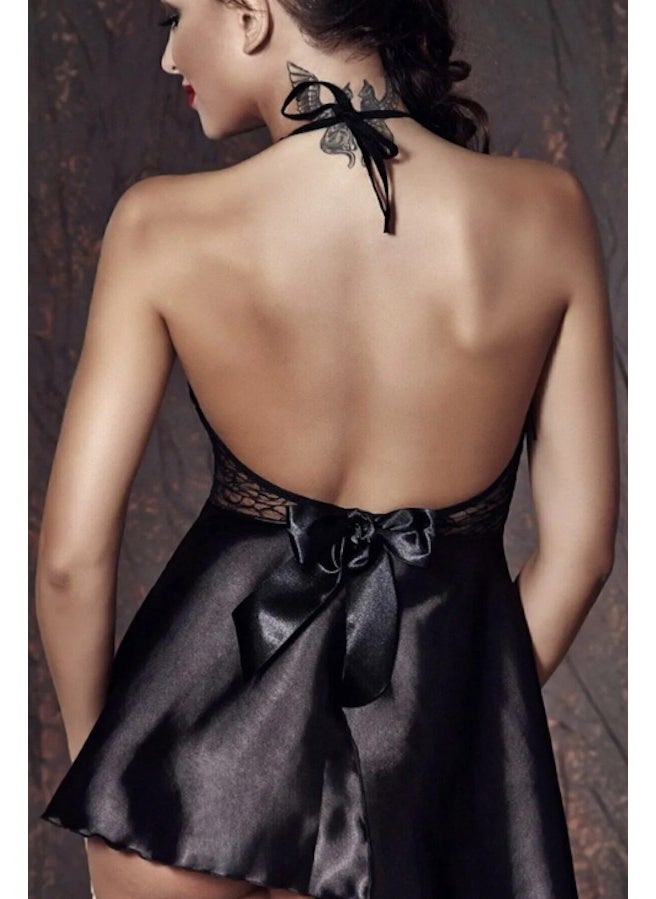 my cherie - Lace Back Lace Satin Nightgown + String Set Sexy Nightgown - Image 1
