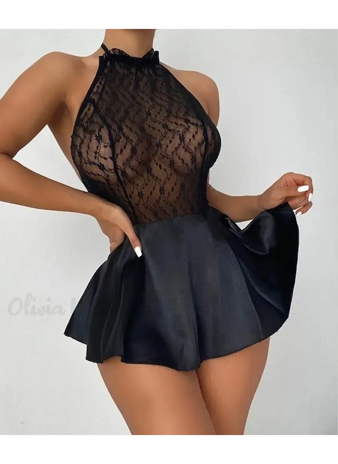 my cherie - Lace Back Lace Satin Nightgown + String Set Sexy Nightgown - Image 1