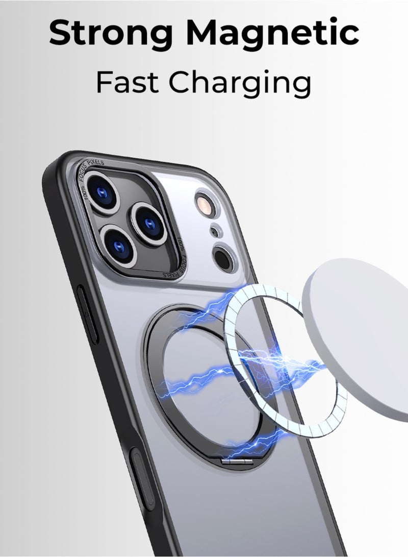 جلاسولوجي iPhone 17 Pro Magsafe Case with 360° Rotating Ring Stand – Heavy-duty Protection, Anti-Scratch, Extra Raised Edges, Strong Magnets For All Magsafe Accessories, Sleek Black Finish - Image 4