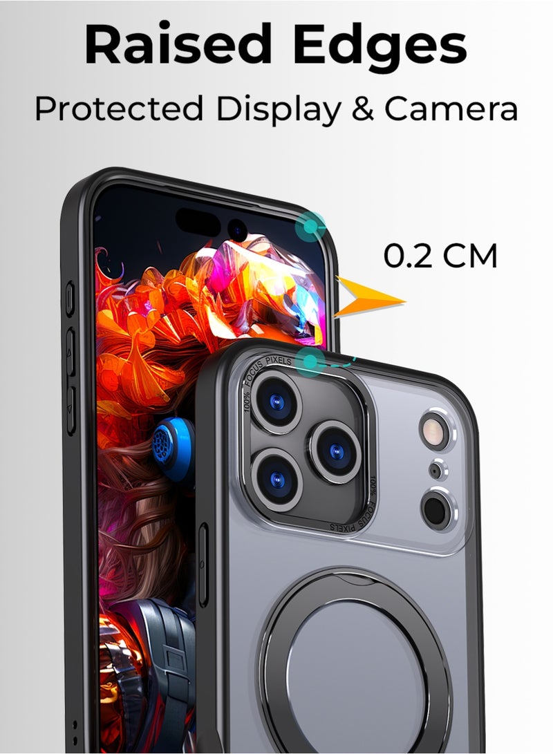 جلاسولوجي iPhone 17 Pro Magsafe Case with 360° Rotating Ring Stand – Heavy-duty Protection, Anti-Scratch, Extra Raised Edges, Strong Magnets For All Magsafe Accessories, Sleek Black Finish - Image 2