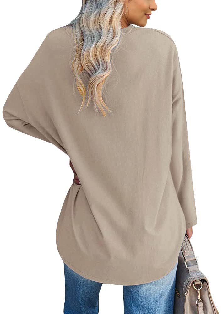Fazortev Womens Oversized Long Sleeve Queen of Hearts Graphic T Shirts V Neck Casual Loose Fit Tees Tunic Tops Khaki - Image 2