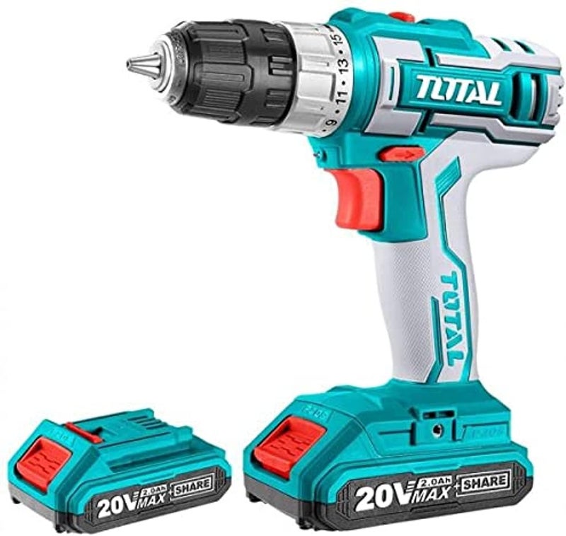 TOTAL Tottdli200215 Lithium-Ion Cordless Drill, 20V, Max Torque 45Nm, With 2Pcs 2.Oah Battery Pack, Drill Bits And Carry Bag