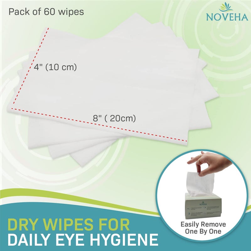 NOVEHA 60PCs Dry Wipes - Gentle & Hypoallergenic Daily Eye & Nasal Cleanser Wipes - Makeup Removal - Calm, Relieve, Soothe, Hydrate Your Skin Naturally - Can be Use with our Foam and Cleanser Line - Image 2