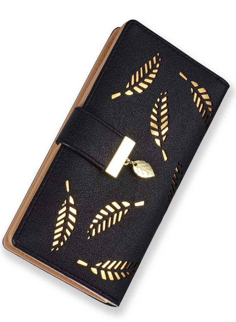 Rock Pow Women's Long Leaf Bifold Wallet Leather Card Holder Purse Zipper Buckle Elegant Clutch Wallet Handbag for Women - Black  - Image 1