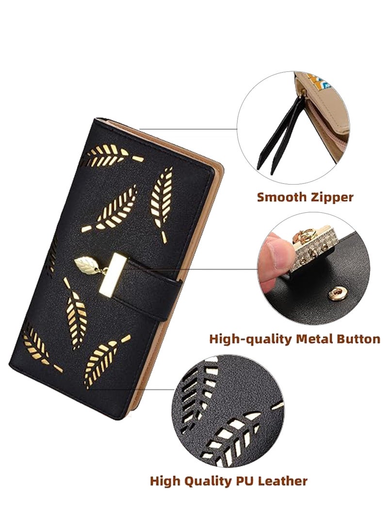 Rock Pow Women's Long Leaf Bifold Wallet Leather Card Holder Purse Zipper Buckle Elegant Clutch Wallet Handbag for Women - Black  - Image 3