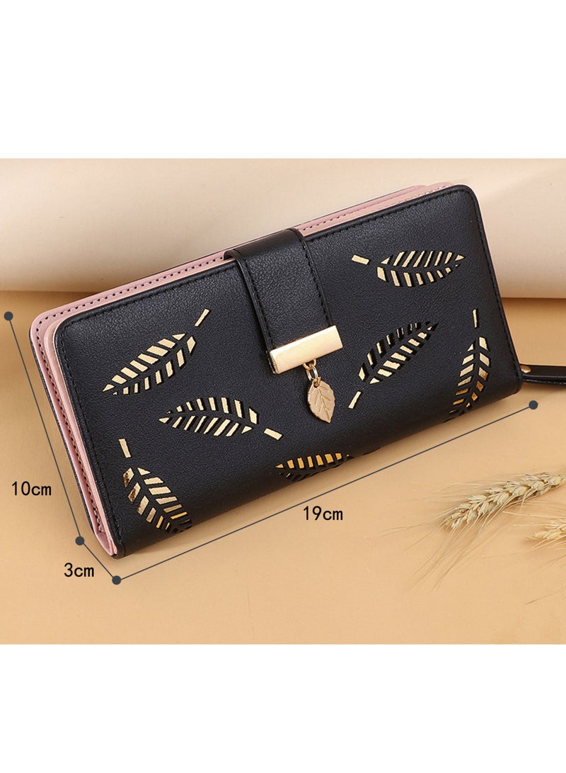 Rock Pow Women's Long Leaf Bifold Wallet Leather Card Holder Purse Zipper Buckle Elegant Clutch Wallet Handbag for Women - Black  - Image 2