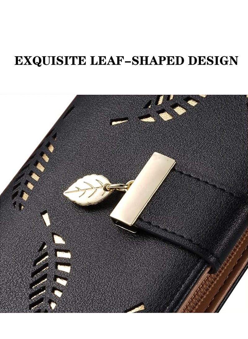 Rock Pow Women's Long Leaf Bifold Wallet Leather Card Holder Purse Zipper Buckle Elegant Clutch Wallet Handbag for Women - Black  - Image 4