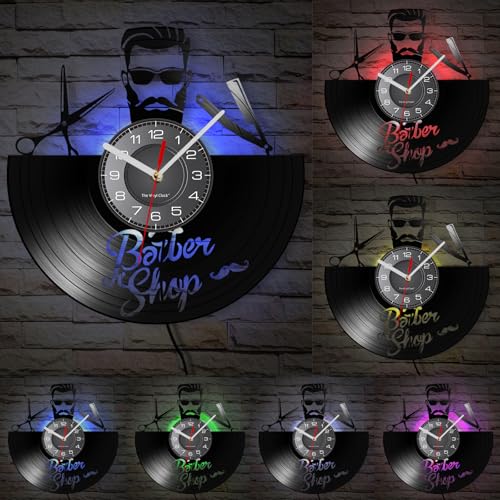 Timethink 12 Inch Barbershop Decor Wall Clock with 7 Luminous Modes, Vintage Decorative Hair Salon Clock Vinyl Record Wall Clock Watch Silent Non Ticking for Hair Salon Barber Shop Hairdresser Gift - Image 2